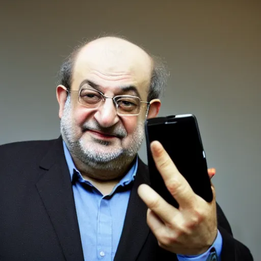 Image similar to selfie of salman rushdie with phone