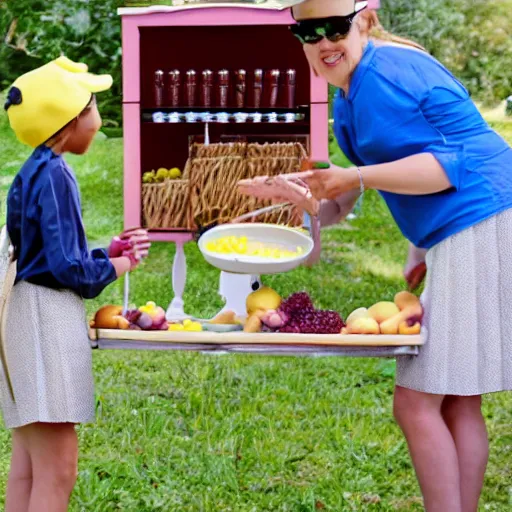 Prompt: duck requesting grapes from a lemonade stand