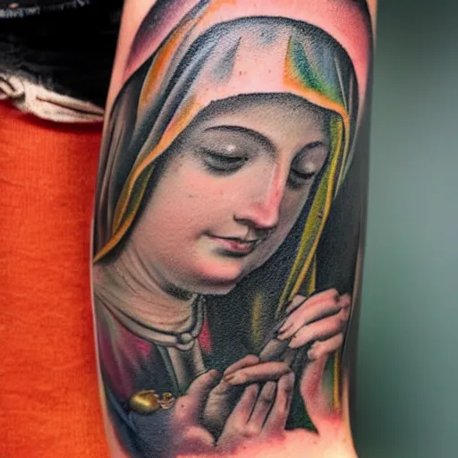 Prompt: tattoo of Renaissance painting of the black Madonna