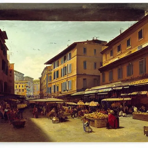 Image similar to the view of a street market, buildings in rome by martinus rørbye