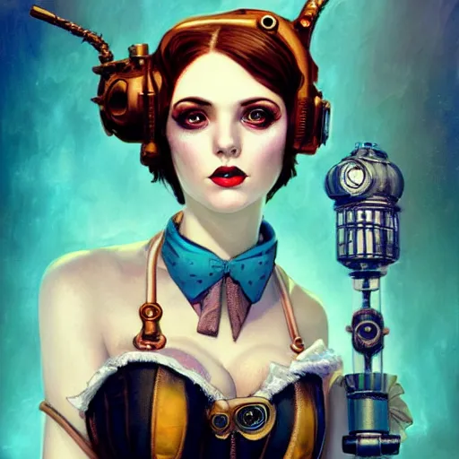 Image similar to lofi underwater bioshock steampunk portrait, wearing corset, Pixar style, by Tristan Eaton Stanley Artgerm and Tom Bagshaw.