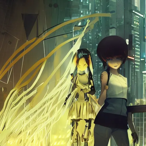 Image similar to Frequency indie album cover, luxury advertisement, white and yellow colors. highly detailed post-cyberpunk sci-fi close-up cyborg detective girl in asian city in style of cytus and deemo, mysterious vibes, by Ilya Kuvshinov, by Greg Tocchini, nier:automata, set in half-life 2, beautiful with eerie vibes, very inspirational, very stylish, with gradients, surrealistic, dystopia, postapocalyptic vibes, depth of filed, mist, rich cinematic atmosphere, perfect digital art, mystical journey in strange world, beautiful dramatic dark moody tones and studio lighting, shadows, bastion game, arthouse