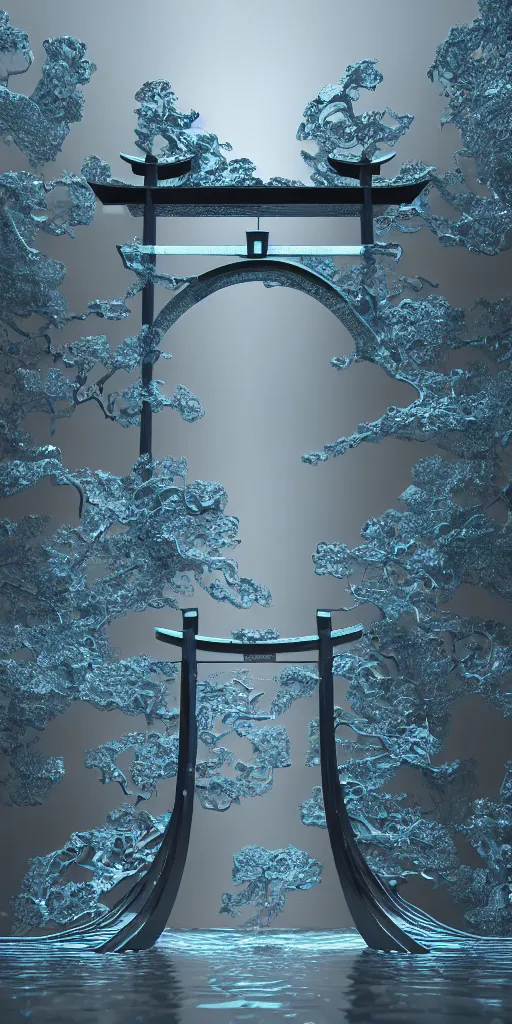 Image similar to 3 d photographic render of a torii gate sculpture made of liquid metal, chrometype, raytraced, hyper realistic, volumetric lightning, 8 k, by zhelong xu, ouchh and and innate studio