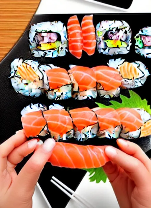 Prompt: clear photorealistic picture of adorable cats eating sushi made out of sushi