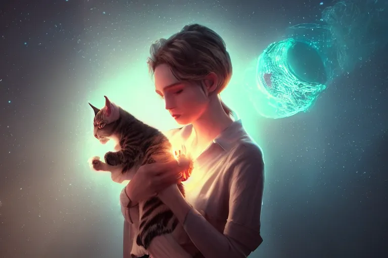 Image similar to a beatiful woman with a kittie, lens flare, atmosphere, glow, detailed, intricate, full of colour, cinematic lighting, trending on artstation, 4k, hyperrealistic, focused, extreme details, unreal engine 5, cinematic, masterpiece