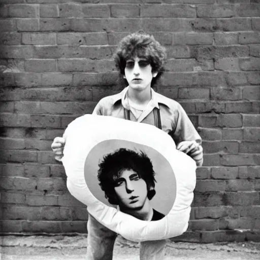 Prompt: young bob dylan with an anime waifu pillow.