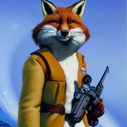 Image similar to a portrait of fox mccloud posing proudly, suspenseful, anthropomorphic furry art, star fox, by jim burns, vincent di fate, and peter elson