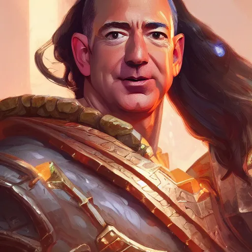 Image similar to Jeff Bezos!! as a amazon warrior, closeup, D&D, fantasy, intricate, elegant, highly detailed, digital painting, artstation, concept art, matte, sharp focus, illustration, hearthstone, art by Artgerm and Greg Rutkowski and Alphonse Mucha