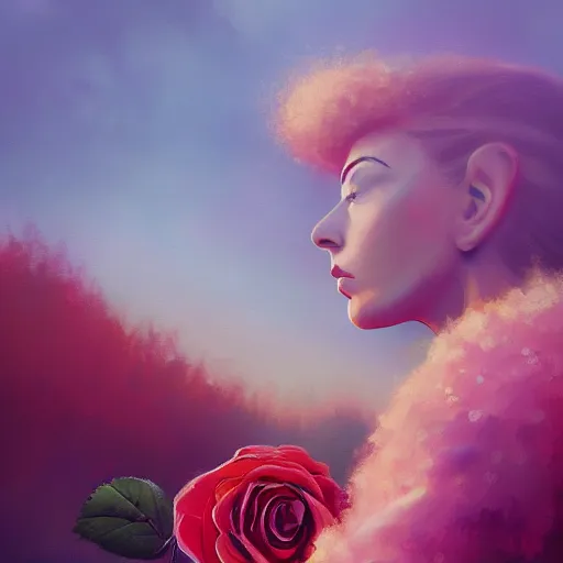 Image similar to closeup, big rose flower over head, frontal, girl in a suit, surreal photography, sunrise, dramatic light, impressionist painting, digital painting, artstation, simon stalenhag