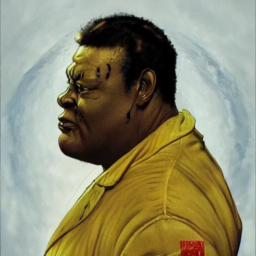 Image similar to photoreal portrait of a powerful black man as baron harkonnen, by norman rockwell and boris vallejo, artstation, concept character art