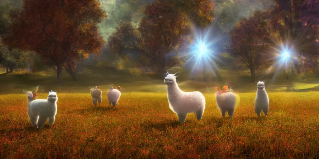 Prompt: magical fairy alpacas frolicking in a field, autumn, sparkles, light beams, photorealistic, hyperrealistic, fantasy, 8 k, trending on artstation