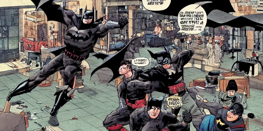 Prompt: Batman teaching mall-cops karate. Epic painting by James Gurney and Laurie Greasley.