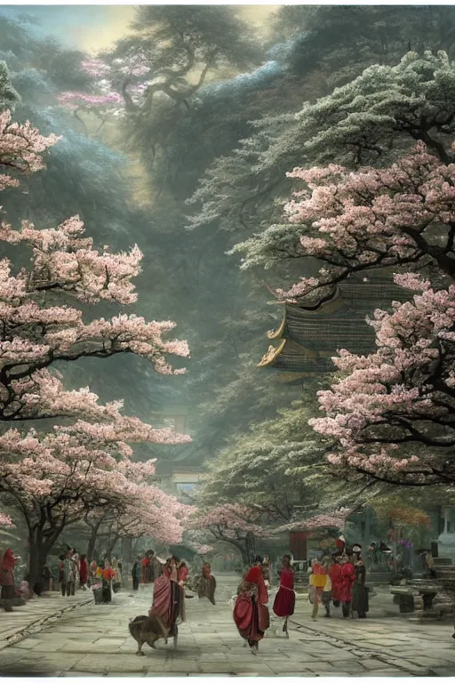 Image similar to a street in a ancient chinese characteristics. it has a high degree of fantasy. cherry blossom forest, there are pavilions in the air, koi jumping in the air, and fairy birds and animals such as cranes and deer coexist with people. it is the life scene of the ancient people, a detailed matte painting by christophe vacher and albert bierstadt