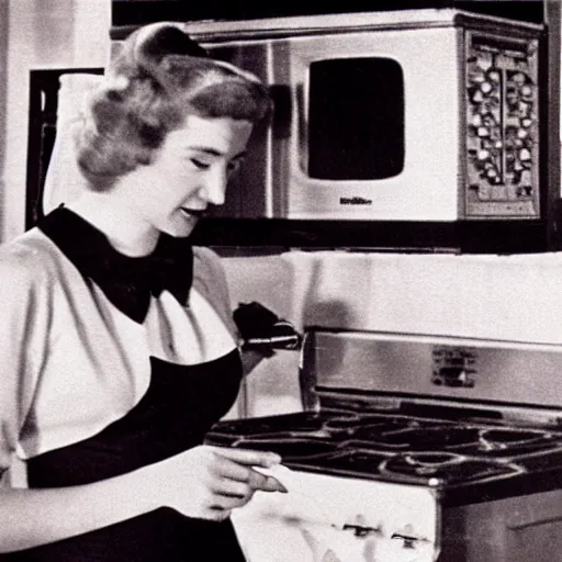 Prompt: commercial of 1 9 5 0 s housewife opening an oven to reveal butterflies flying out, sylvia plath