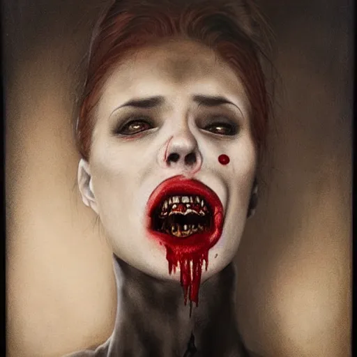 Prompt: a hyperrealistic portrait painting of a beautiful female vampire, blood dripping from her mouth, standing in the moonlight, by santiago caruso, highly detailed,