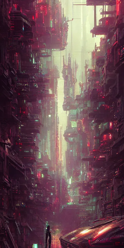Prompt: an enigmatic and terrifying painting of a cyberpunk universe by marc simonetti, greg rutkowski, ferdinand knab, colour, hyper detail, 8 k, city, universe, nebula, cars, neon, neo - tokyo, burst of colour, imaginary, concept art, out of this world, depth, incredible depth