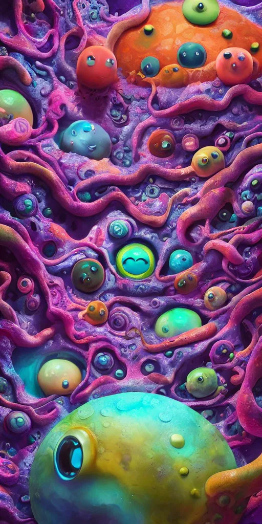 Image similar to of a colorful deep sea crater with strange cute blobby happy creatures with huge eyes, mouth, long tongue and round teeth appearing from smokey background, in the style of gehry and gaudi, macro lens, shallow depth of field, ultra detailed, digital painting, trending artstation, concept art, illustration, cinematic lighting, photorealism, epic, octane render