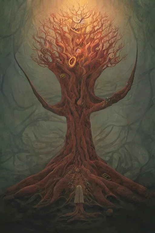 Image similar to Yggdrasil the tree of life by Shaun Tan and Hiroshi Yoshida, trending on artstation