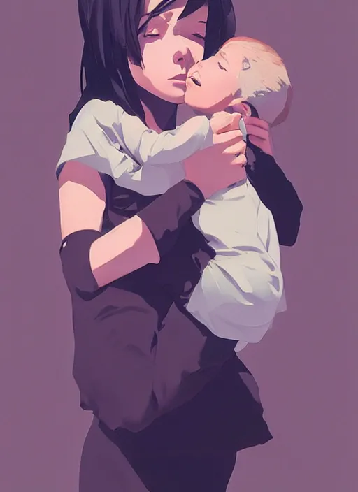 Image similar to a mother cradling her baby by ilya kuvshinov and cushart krentz and gilleard james