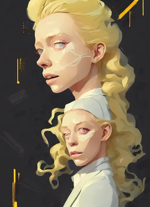 Image similar to highly detailed closeup portrait of beautiful portia doubleday, blonde wavy hair, angela moss, white suit by atey ghailan, by greg rutkowski, by greg tocchini, by james gilleard, by joe fenton, by kaethe butcher, gradient yellow, black and white color scheme, grunge aesthetic!!! ( ( graffiti tag wall background ) )