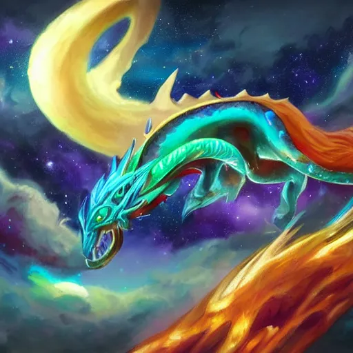 Prompt: oil painting of aurelion sol dragon in the cosmos trending on artstation