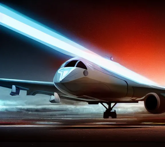 Prompt: futuristic sci fi jet plane lands at runway of cyberpunk airport,night photo ,dark cinematic lighting , digital concept art