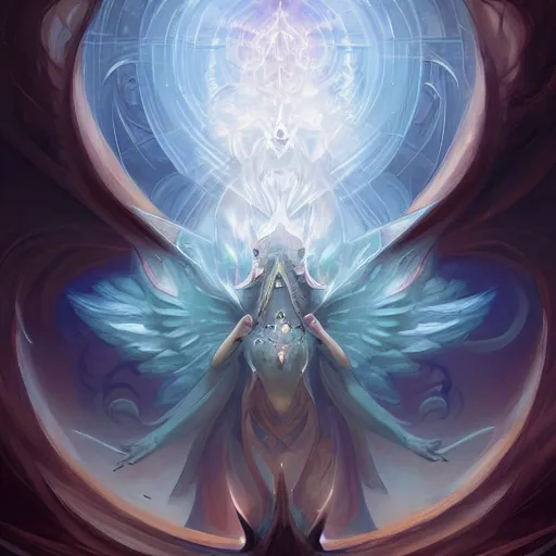 Prompt: a gorgeous emanation from angelarium, symmetry composition, by pete mohrbacher and artgerm and wlop, digital art, highly detailed, intricate, fantasy, mystical, Trending on Artstation HQ, deviantart, unreal engine, 4K UHD image