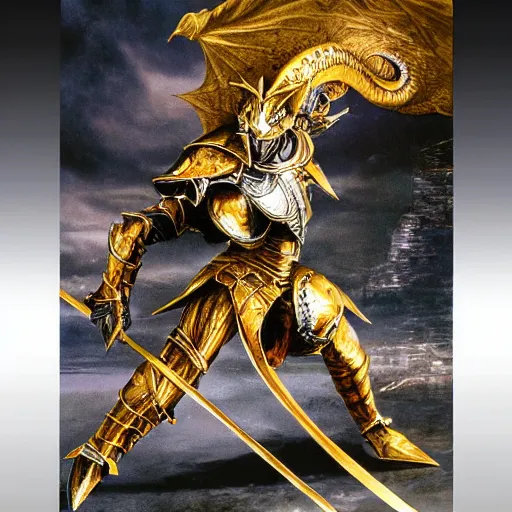 Image similar to golden dragon born fighter wearing plate armor, matte painting, painted by yoshitaka amano