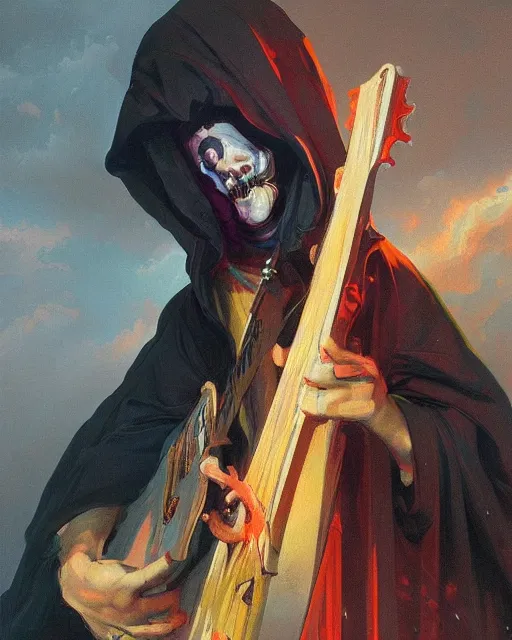 Image similar to colorful baroque portrait of a shadowy man wearing a hooded cloak, playing a guitar, gallery art by peter mohrbacher, artstation, artgate