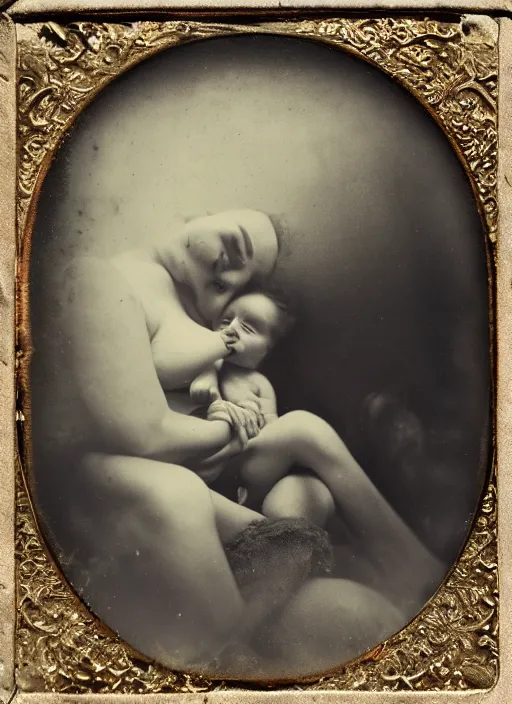 Prompt: old wetplate daguerreotype portrait of baby on mothers womb, explosion of data fragments, fractal, intricate, elegant, highly detailed, parallax, leica, medium format, subsurface scattering, by marie harnett