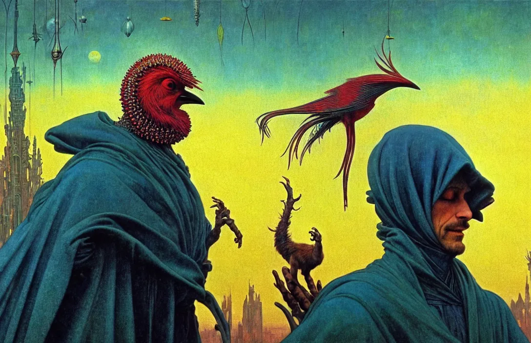 Image similar to realistic detailed portrait movie shot of a birdman wearing a dark robes, sci fi city landscape background by denis villeneuve, amano, yves tanguy, alphonse mucha, ernst haeckel, max ernst, roger dean, masterpiece, rich moody colours, dog teeth, blue eyes, sunset