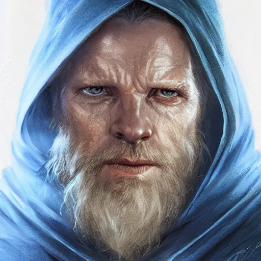 Image similar to portrait of a man by greg rutkowski, old jedi master, he looks like cameron monaghan, beard, wearing a blue jedi robes, star wars expanded universe, he is about 8 0 years old, highly detailed portrait, digital painting, artstation, concept art, smooth, sharp foccus ilustration, artstation hq