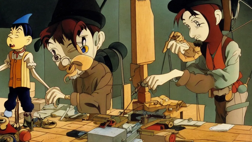 Image similar to geppetto making pinocchio, anime film still from the an anime directed by katsuhiro otomo with art direction by salvador dali, wide lens