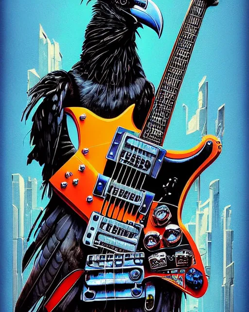 Prompt: a portrait of an anthropomorphic cyberpunk raven shredding an electric guitar by sandra chevrier, by jon foster, detailed render, tape deck, epic composition, cybernetics, 4 k realistic, cryengine, realistic shaded lighting, sharp focus, masterpiece, by enki bilal