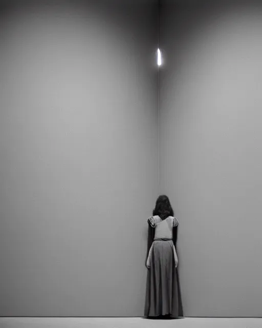 Image similar to a beautiful but horrifying young woman wearing an austere dress is standing in a vast and empty gallery. blood is on the walls, and the moon is shining through the windows. photographed in the 1 9 7 0 s, illustration