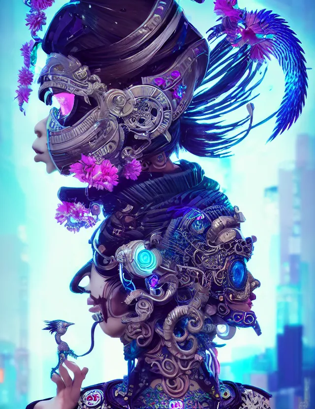 Image similar to 3 d goddess close - up profile portrait cyberpunk with ram skull. beautiful intricately detailed japanese crow kitsune mask and clasical japanese kimono. betta fish, jellyfish phoenix, bio luminescent, plasma, ice, water, wind, creature, artwork by tooth wu and wlop and beeple and greg rutkowski