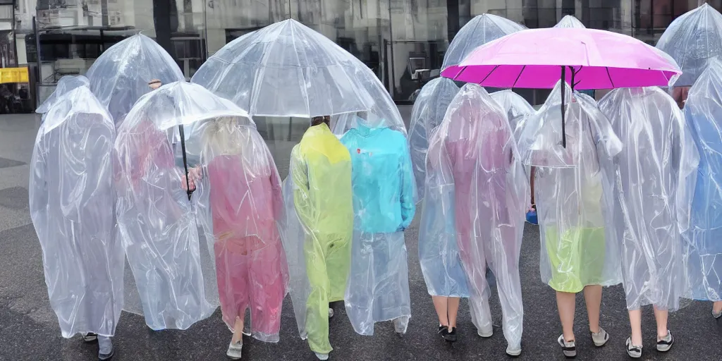 Prompt: transparent raincoats holding transparent umbrellas