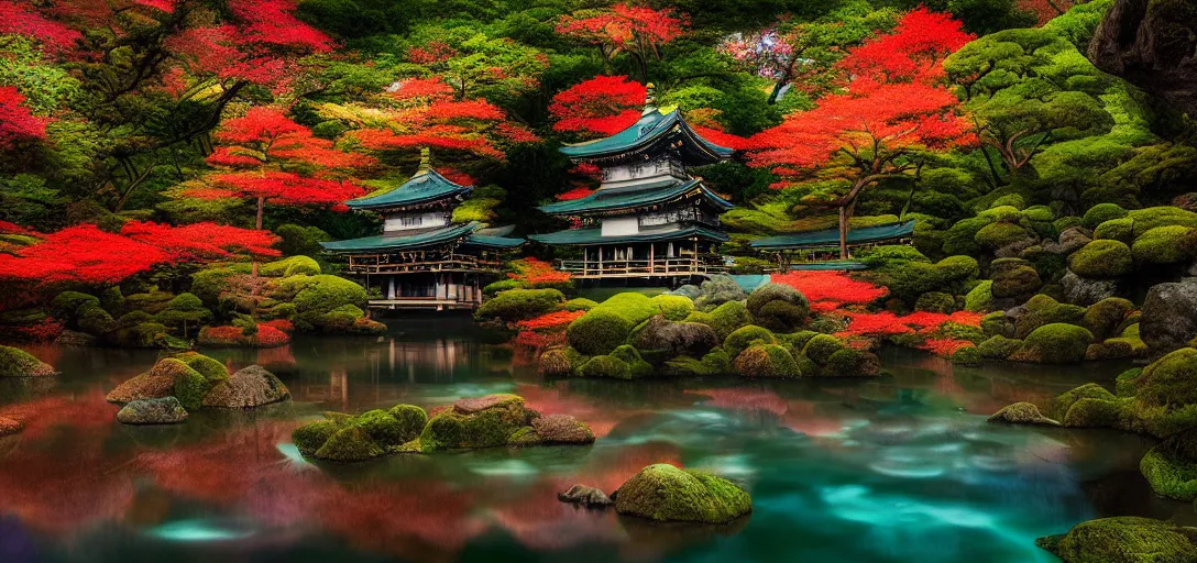 Prompt: beautiful view of a fantasy japanese forest temple next to a river, waves, caustics, symmetry, dramatic lighting, ultra detailed, fireflies, magical colorful fairy dust, sharp, ambient occlusion, bloom, raytracing, vibrant, vivid colors, picturesque, by dylan cole and jordan grimmer