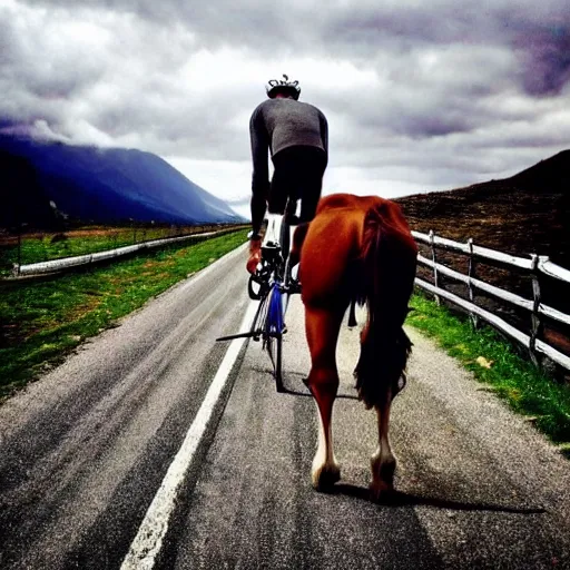 Image similar to horse bicycle!!!, cycling!!, anthropomorphic!!!, mountains, award winning photo,