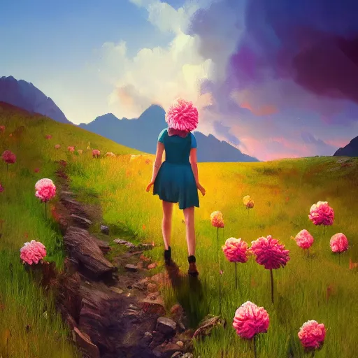 Image similar to giant carnation flower head, girl hiking in the mountains, surreal photography, sunrise, dramatic light, impressionist painting, colorful clouds, digital painting, artstation, simon stalenhag