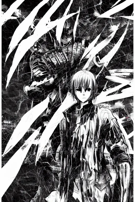 Image similar to professionally drawn seinen mature cyberpunk kaiju horror action manga comic cover, full color, beautifully drawn coherent professional, drawn by ilya kuvshinov!, satoshi kon, kentaro miura, dave mckean, tsutomu nihei. japanese script kanji hiragana on the cover. minimalist stylized cover art. blue cel shaded