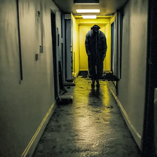 Image similar to a man wearing a yellow hazmat suit inside the very dark lighting empty unsettling creepy backrooms, liminal space, eerie mood, horror movie scene