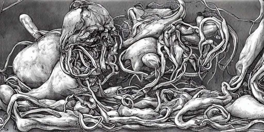 Prompt: a blood-oozing amorphous bloody meat blob composed of muscle, bones, and writhing tendrils made of muscles and tendons absorbing a partially-melted animal in a dark derelict lab with broken glassware, cinematic, high-quality