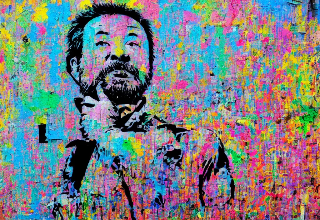 Prompt: full color banksy graffiti with statement of ai art is not art, detailed, realistic, ai weiwei, glitch art effect