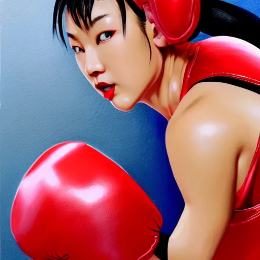 Image similar to 8K photorealistic Portrait of Chun-Li wearing red boxing gloves, sitting on a chair, intricate upper body, whole body, highly detailed, digital painting, artstation, concept art, smooth, sharp focus, illustration, art by Hajime Sorayama