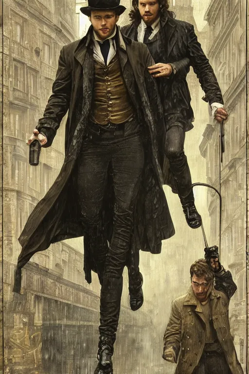 Image similar to a detailed matte portrait of jensen ackles and jared padalecki in a supernatural sherlock holmes story, 1 8 th century london in the rain, city streets, ominous, masterpiece, 8 k, art by alphonse mucha and greg rutkowski