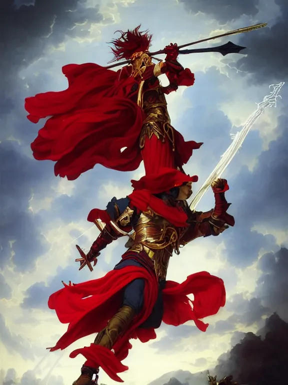 Image similar to A Portrait of a boisterous Red Mage wearing striped shining armor holding a staff of power surrounded by an epic cloudscape. The Magus Omega . Red Wizard. Morpheus. Symmetrical. masterpiece. 4k digital illustration. by Ruan Jia and Artgerm and Andreas Rocha and William-Adolphe Bouguereau and Jean-Baptiste de Champaigne. award winning, Artstation, intricate details, realistic, Hyperdetailed, 8k resolution. Concept Painting. Key Art