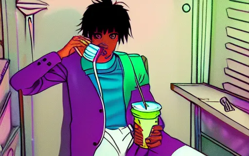 Image similar to playboi carti drinking lean from a foam cup, art by hayao miyazaki, studio ghibli film, hi res, 4k, high detail