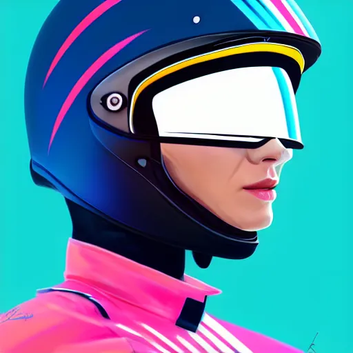 Prompt: profile photo of a driver with a helmet and a visor with eye lashes, side profile on a neon racing track, cinematic, 8k, highly detailed, digital painting, artstation, concept art, smooth, sharp focus, illustration by Sandra Chevrier