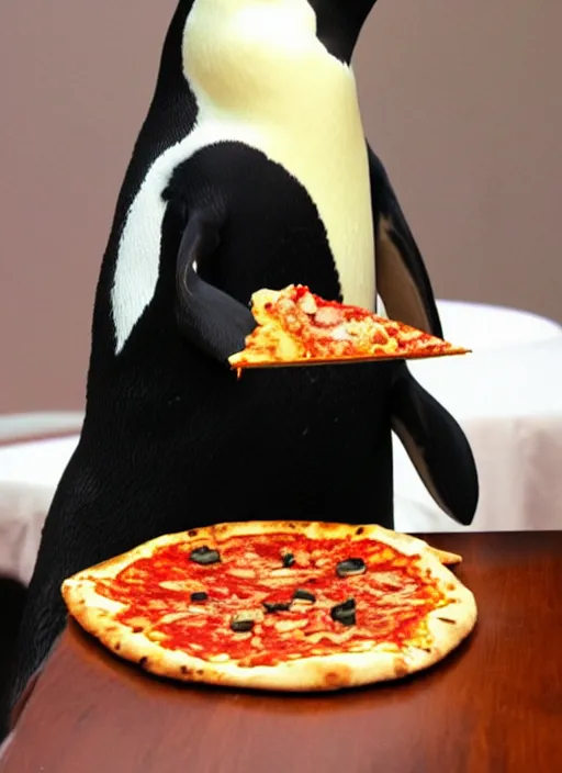 Image similar to a penguin eating a slice of pizza